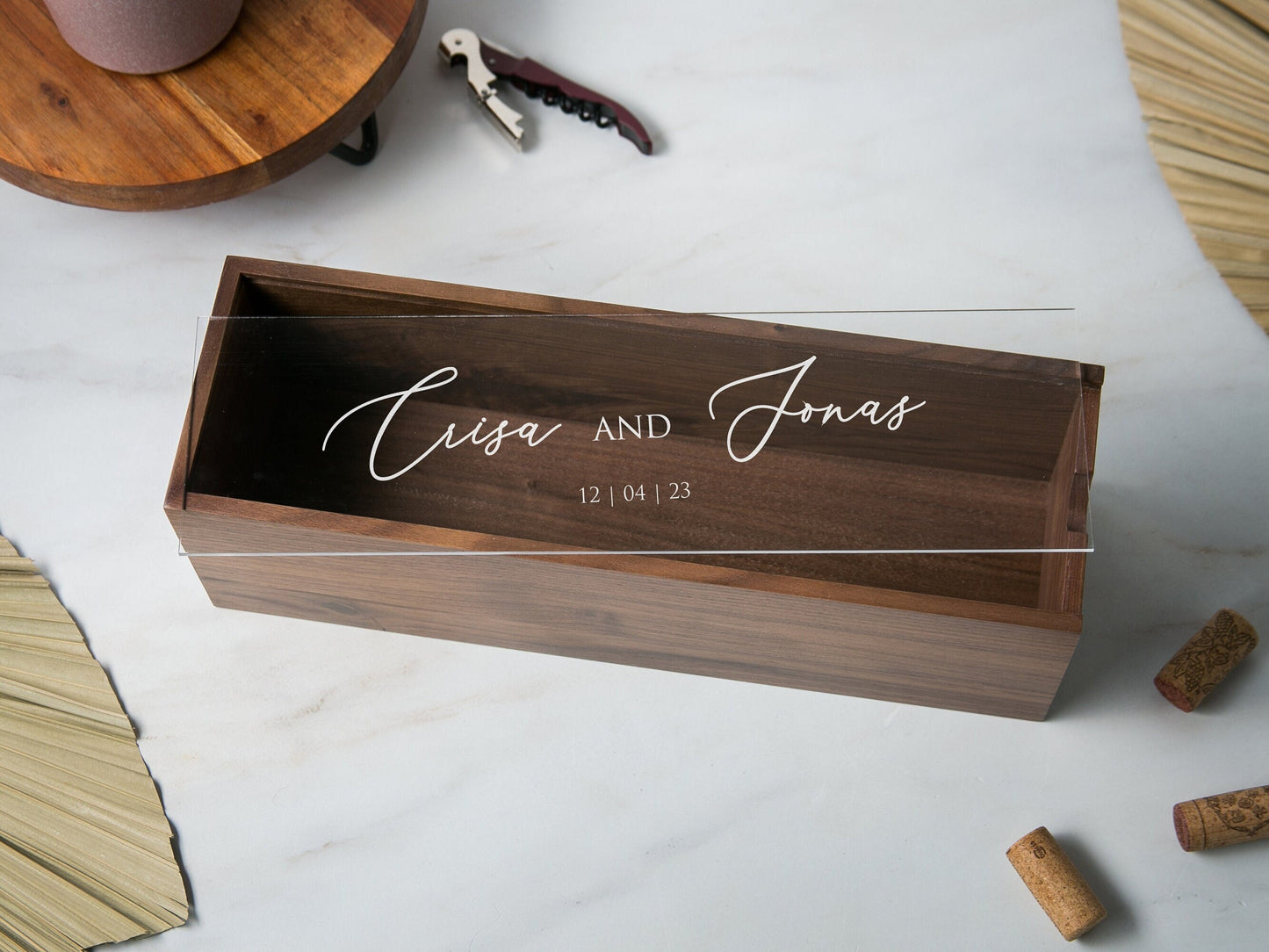 Acrylic Lid Wine Box (Design 10) - Walnut Wood Wine Champagne Box, Congratulatory Gift for Newlywed Couples Anniversary Birthday Engagement