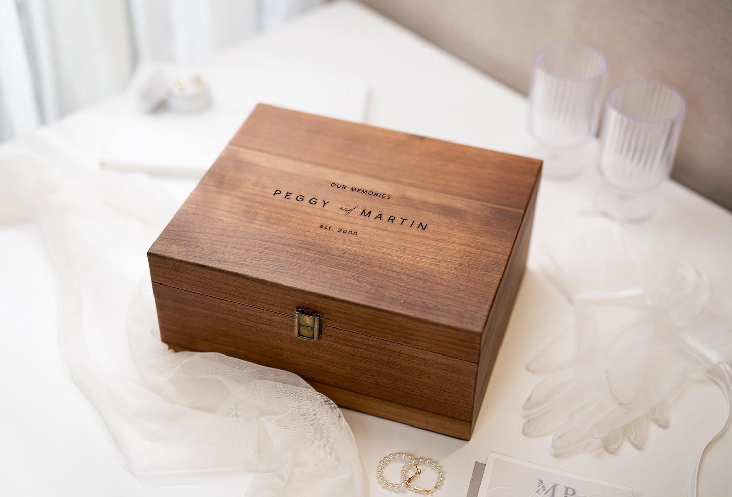 Wood Storage Box w/ Hinge Lid (D10) - Engraved Wedding Keepsake Memory Box Wedding Photos Cards, Engagement Gift, Anniversary Gift Couples
