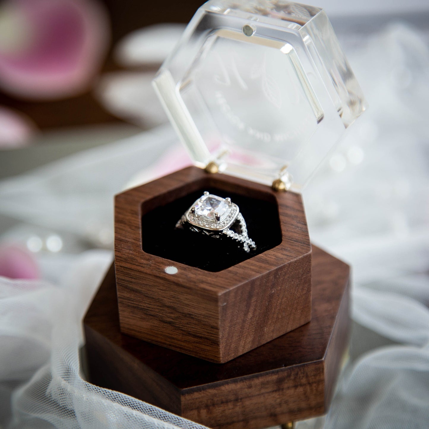 Hexagon Mini Flip Ring Box w Clear Acrylic Lid - Single Ring Engagement Ring Box, Wedding Ring Holder, Proposal Ring Box, Gift for Her