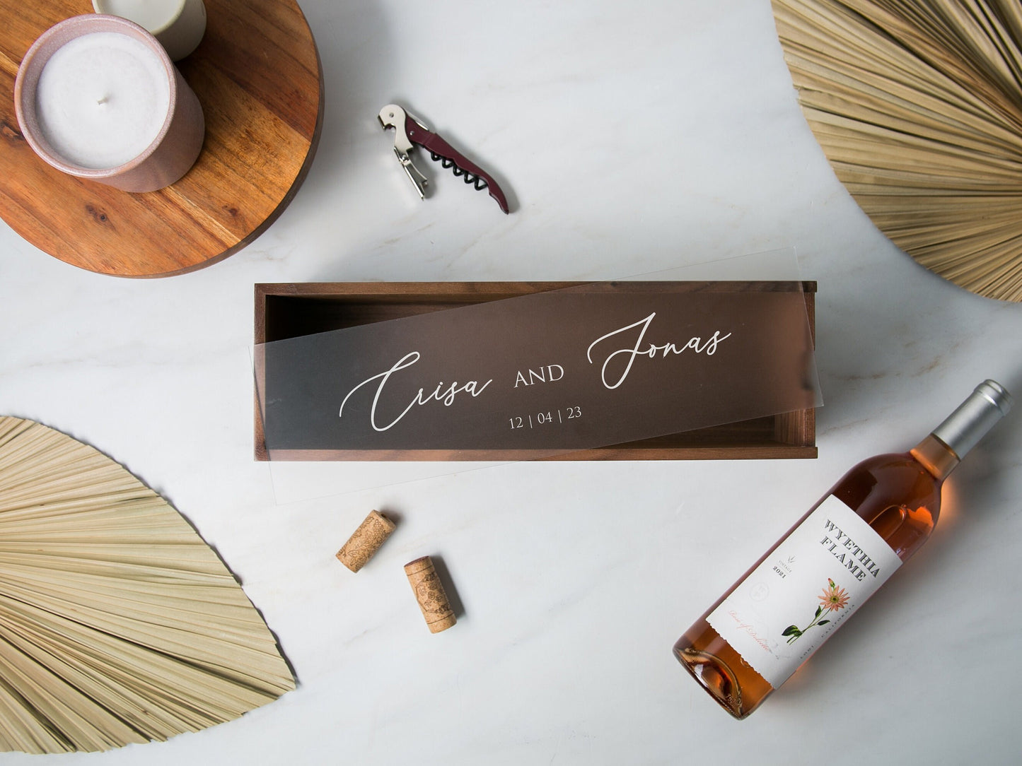 Acrylic Lid Wine Box (Design 10) - Walnut Wood Wine Champagne Box, Congratulatory Gift for Newlywed Couples Anniversary Birthday Engagement
