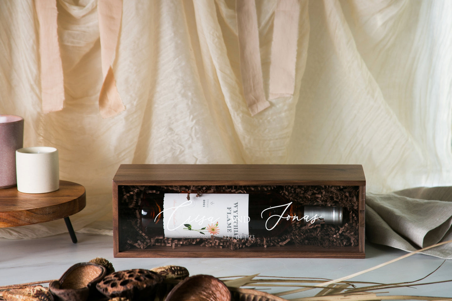 Acrylic Lid Wine Box (Design 10) - Walnut Wood Wine Champagne Box, Congratulatory Gift for Newlywed Couples Anniversary Birthday Engagement