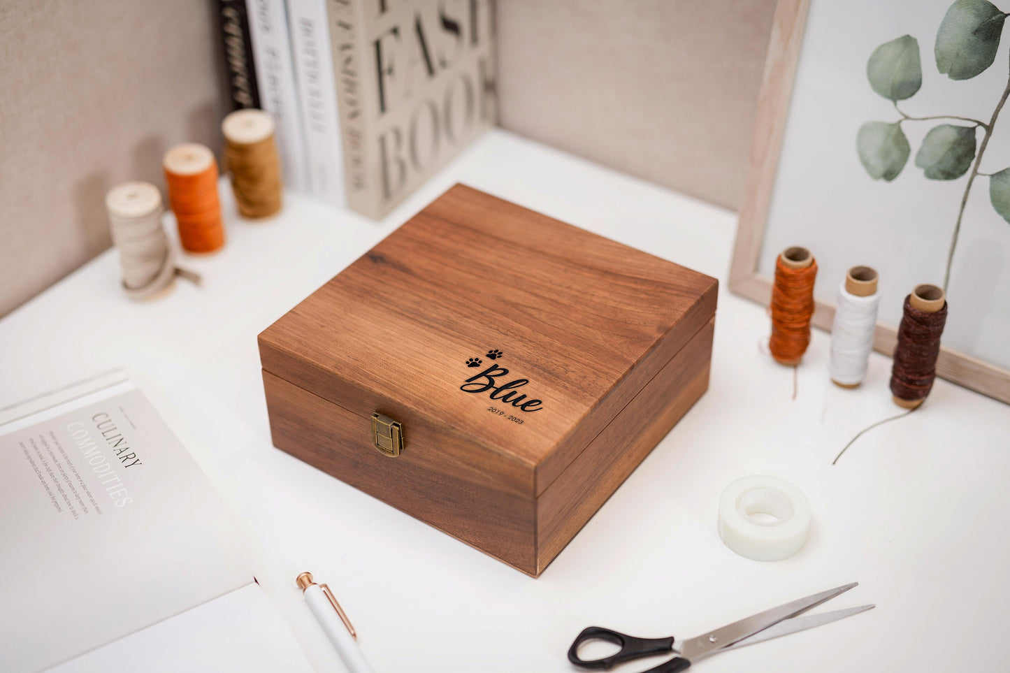 Wood Storage Box w/ Hinge Lid (D9) - Engraved Large Keepsake Memorial Box, Box for Photos Collar Toys, Sympathy Loss Dog Cat Pets Gifts
