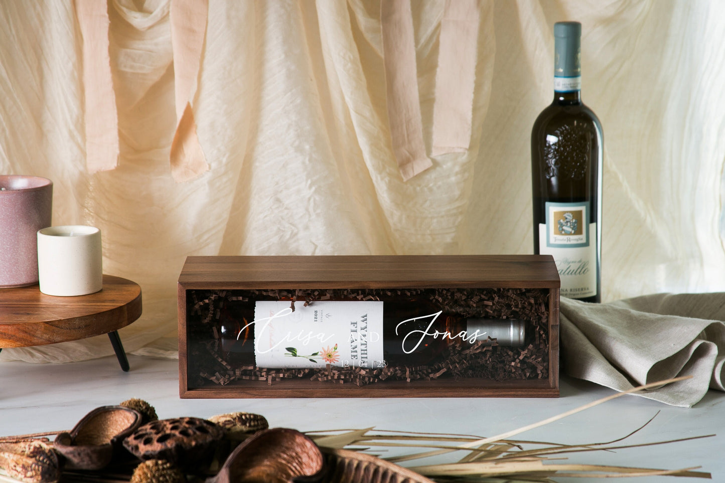 Acrylic Lid Wine Box (Design 10) - Walnut Wood Wine Champagne Box, Congratulatory Gift for Newlywed Couples Anniversary Birthday Engagement