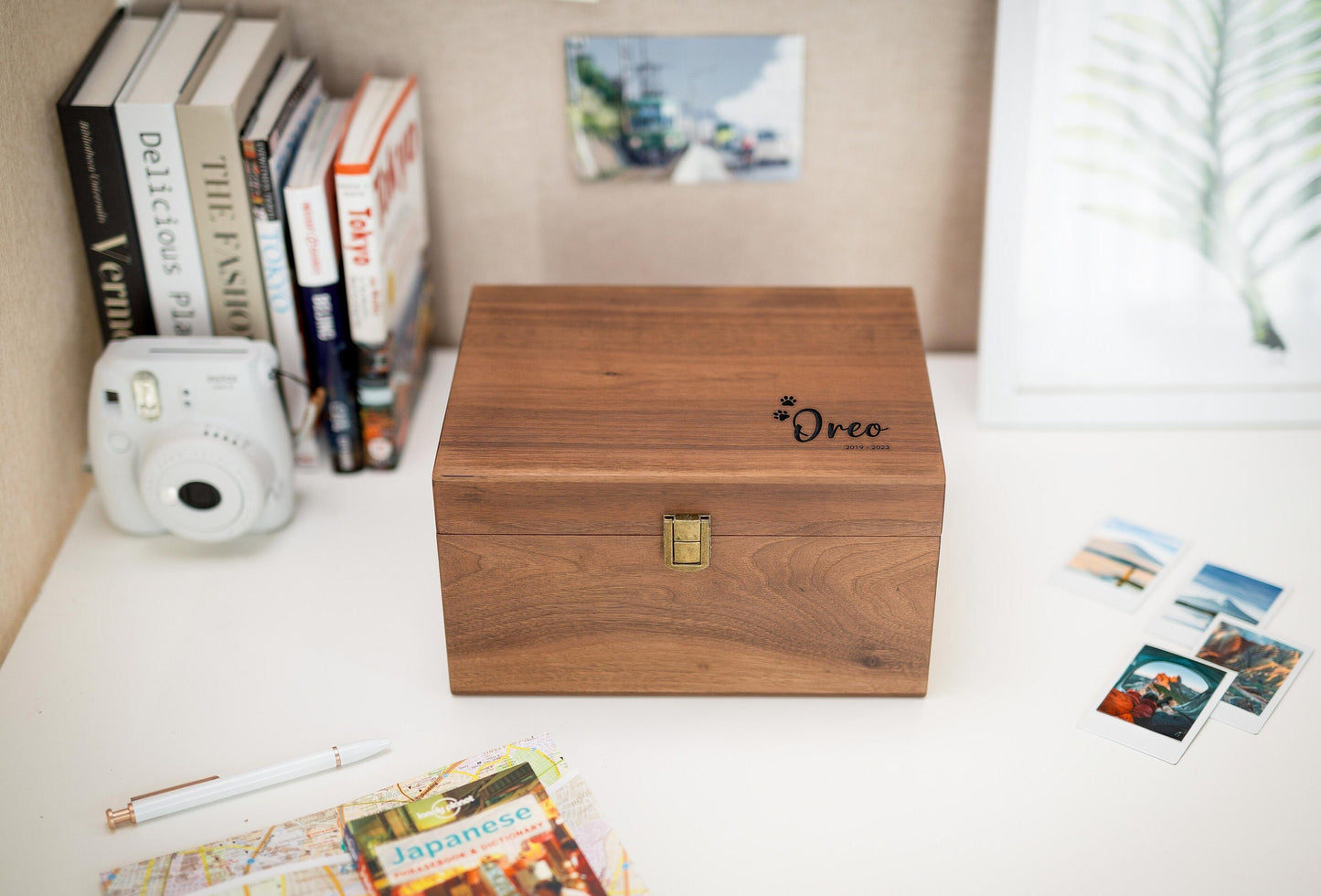 Wood Storage Box w/ Hinge Lid (D9) - Engraved Large Keepsake Memorial Box, Box for Photos Collar Toys, Sympathy Loss Dog Cat Pets Gifts