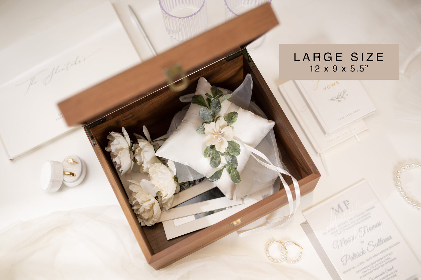 Wood Storage Box w/ Hinge Lid (D10) - Engraved Wedding Keepsake Memory Box Wedding Photos Cards, Engagement Gift, Anniversary Gift Couples