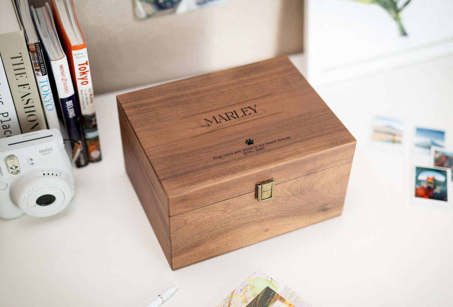 Wood Storage Box w/ Hinge Lid (D8) - Engraved Large Keepsake Memorial Box, Box for Photos Collar Toys, Sympathy Loss Dog Cat Pets Gifts