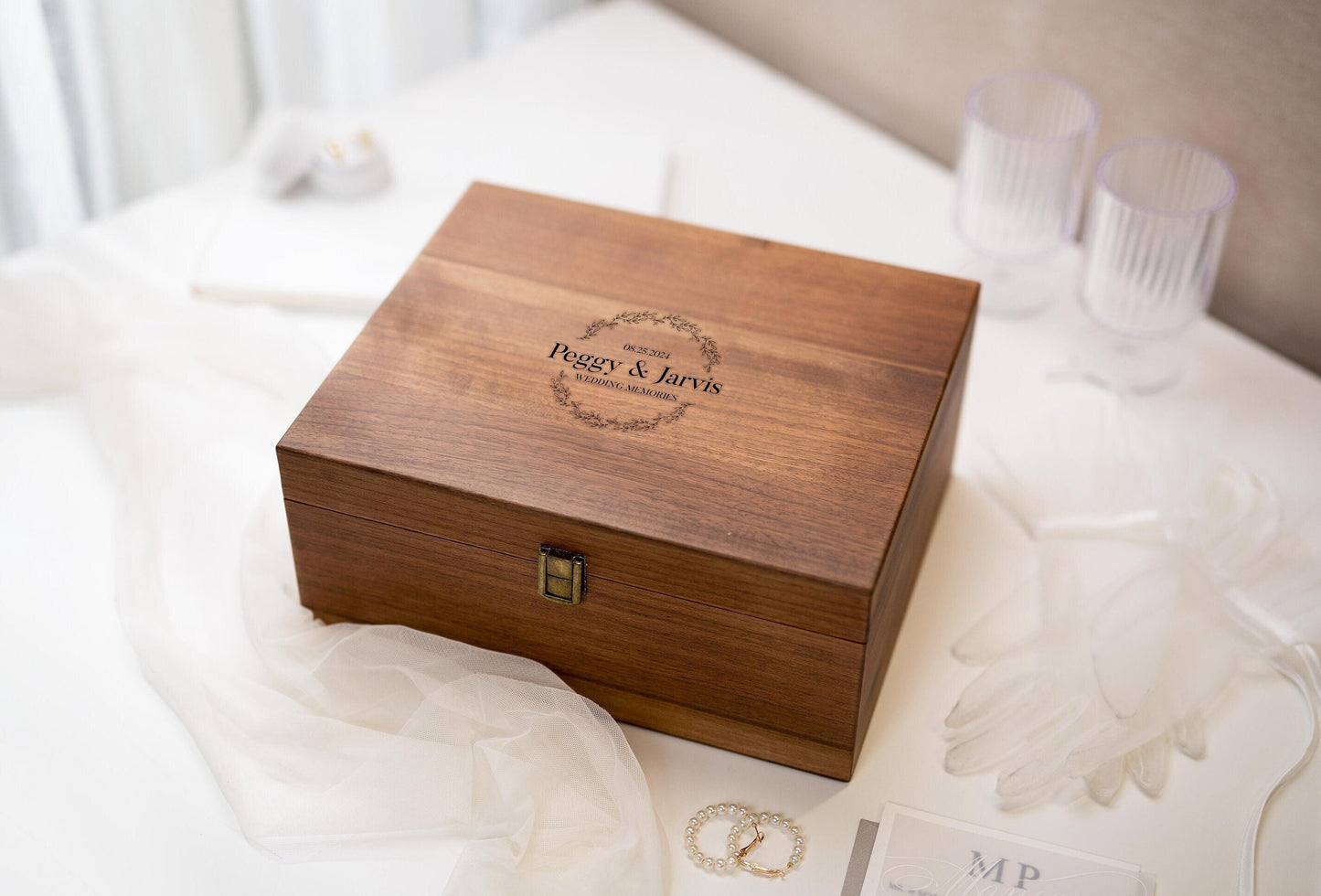 Wood Storage Box w/ Hinge Lid (D3) - - Engraved Wedding Keepsake Memory Box Wedding Photos Cards, Engagement Gift, Anniversary Gift Couples