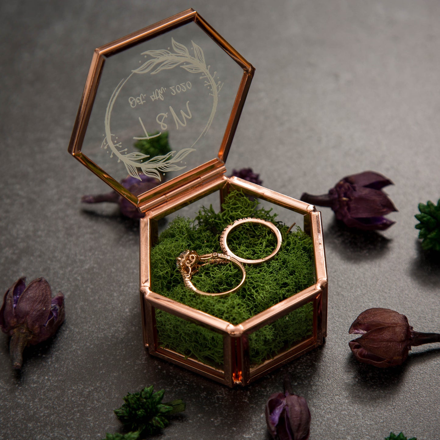 Hexagon Glass Ring Box with Moss - Gold or Rose Gold - Personalized Ring Box for Wedding Ceremony, Modern Ring Holder for Engagements