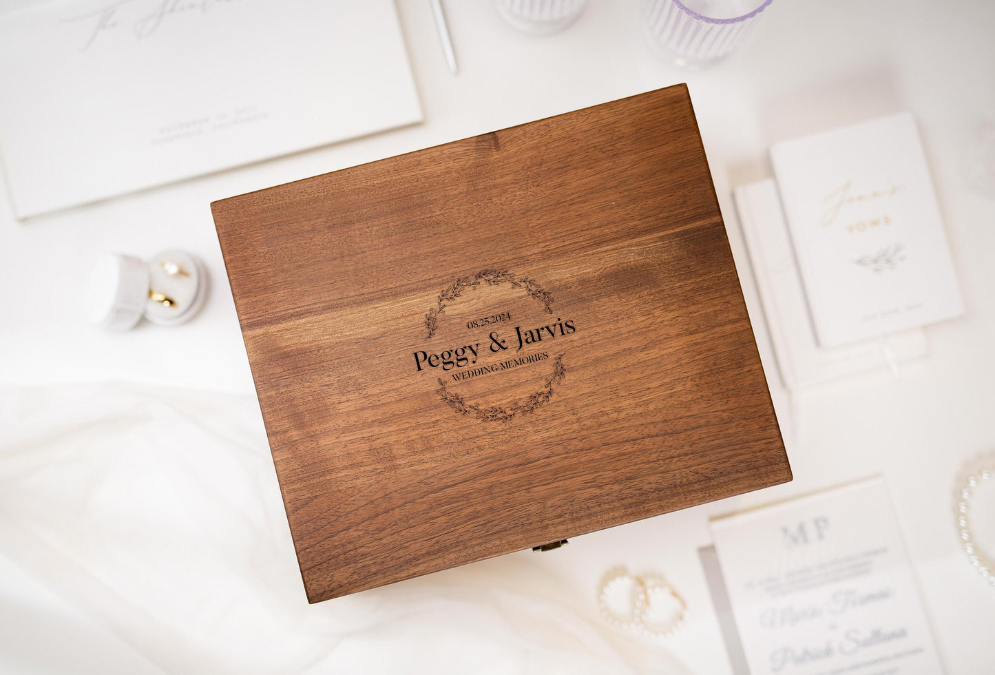 Wood Storage Box w/ Hinge Lid (D3) - - Engraved Wedding Keepsake Memory Box Wedding Photos Cards, Engagement Gift, Anniversary Gift Couples