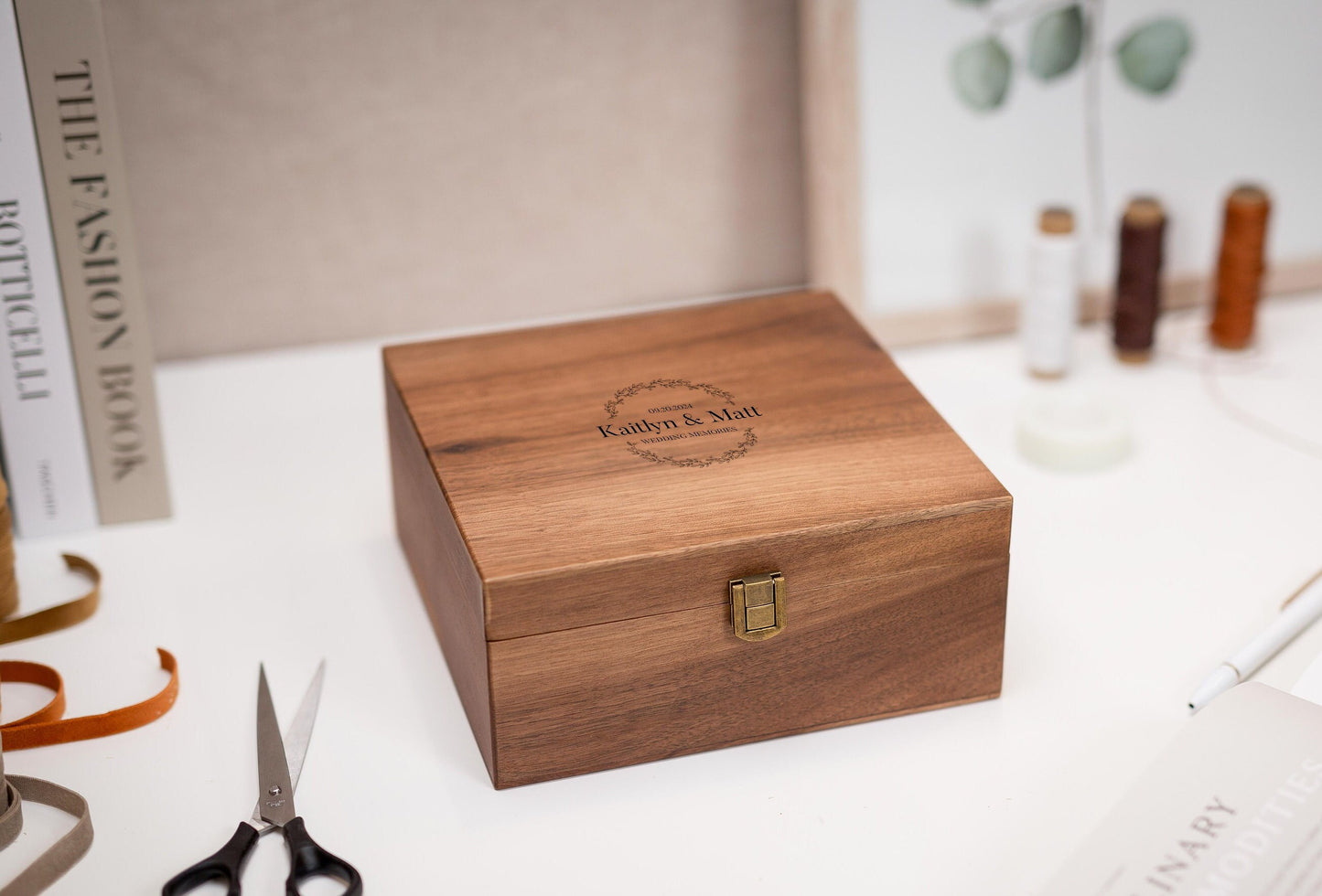 Wood Storage Box w/ Hinge Lid (D3) - - Engraved Wedding Keepsake Memory Box Wedding Photos Cards, Engagement Gift, Anniversary Gift Couples