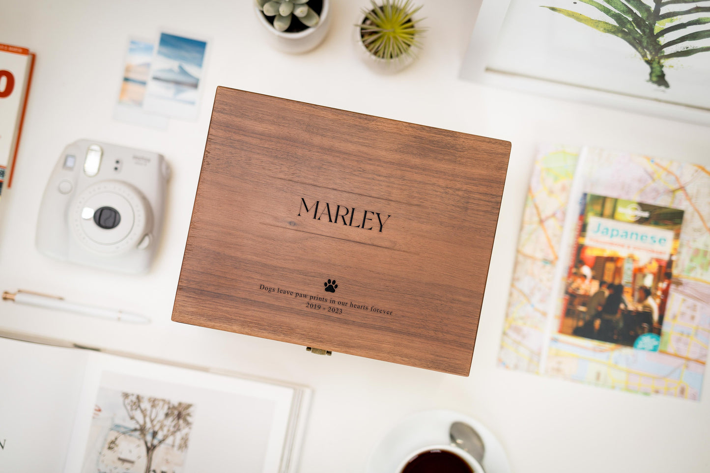 Wood Storage Box w/ Hinge Lid (D8) - Engraved Large Keepsake Memorial Box, Box for Photos Collar Toys, Sympathy Loss Dog Cat Pets Gifts