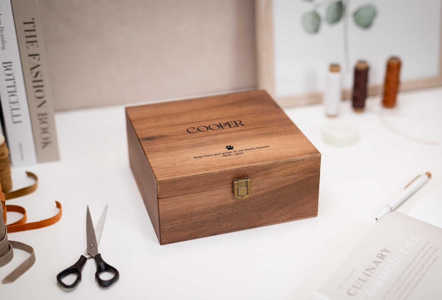 Wood Storage Box w/ Hinge Lid (D8) - Engraved Large Keepsake Memorial Box, Box for Photos Collar Toys, Sympathy Loss Dog Cat Pets Gifts