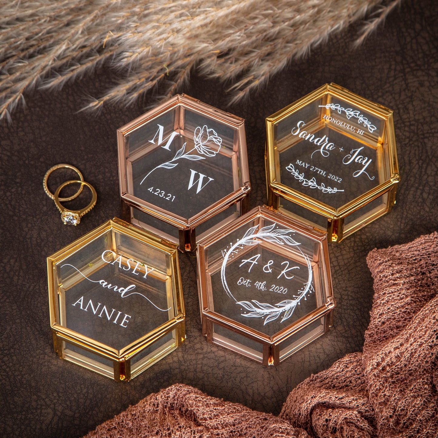 Hexagon Glass Ring Box with Moss - Gold or Rose Gold - Personalized Ring Box for Wedding Ceremony, Modern Ring Holder for Engagements