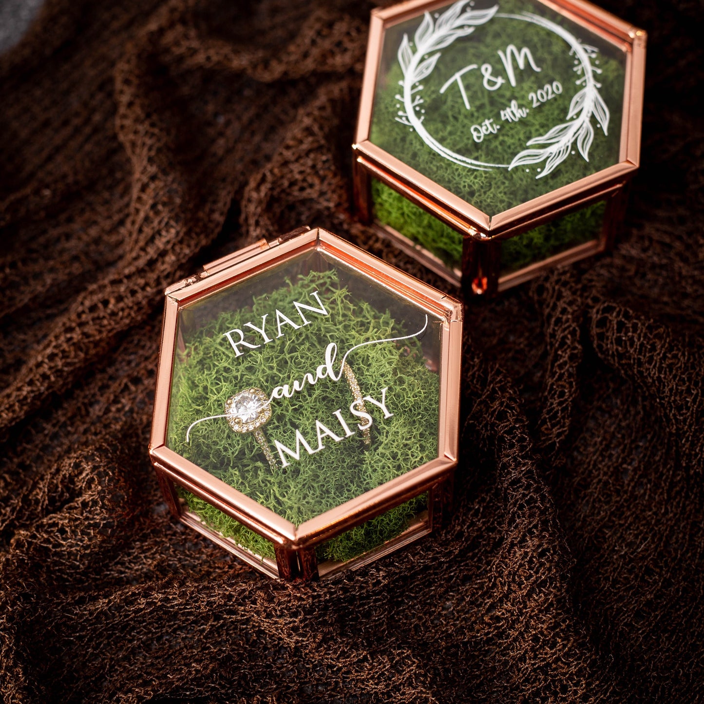 Hexagon Glass Ring Box with Moss - Personalized Ring Box for Wedding Ceremony Custom Modern Ring Holder for Proposal Engagement Gift for Her