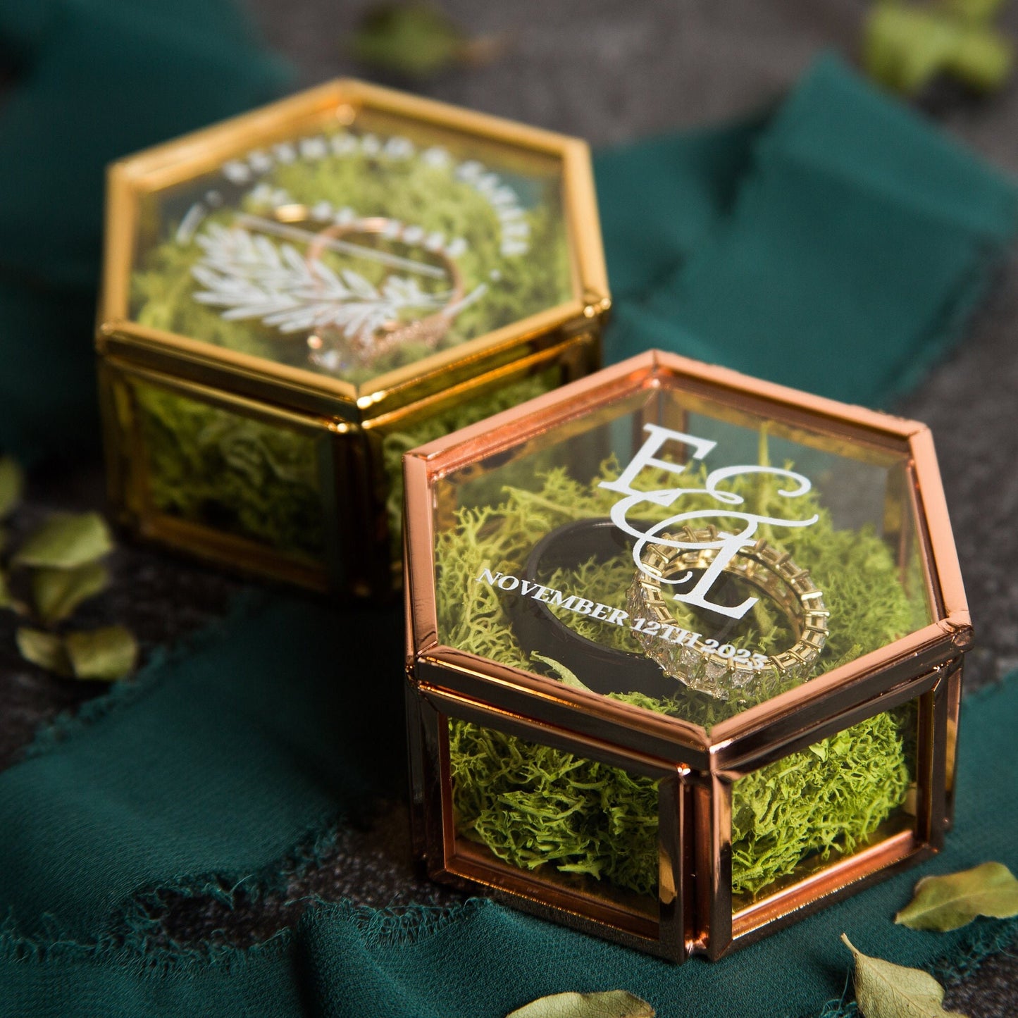 Hexagon Glass Ring Box with Moss - Personalized Ring Box for Wedding Ceremony Custom Modern Ring Holder for Proposal Engagement Gift for Her