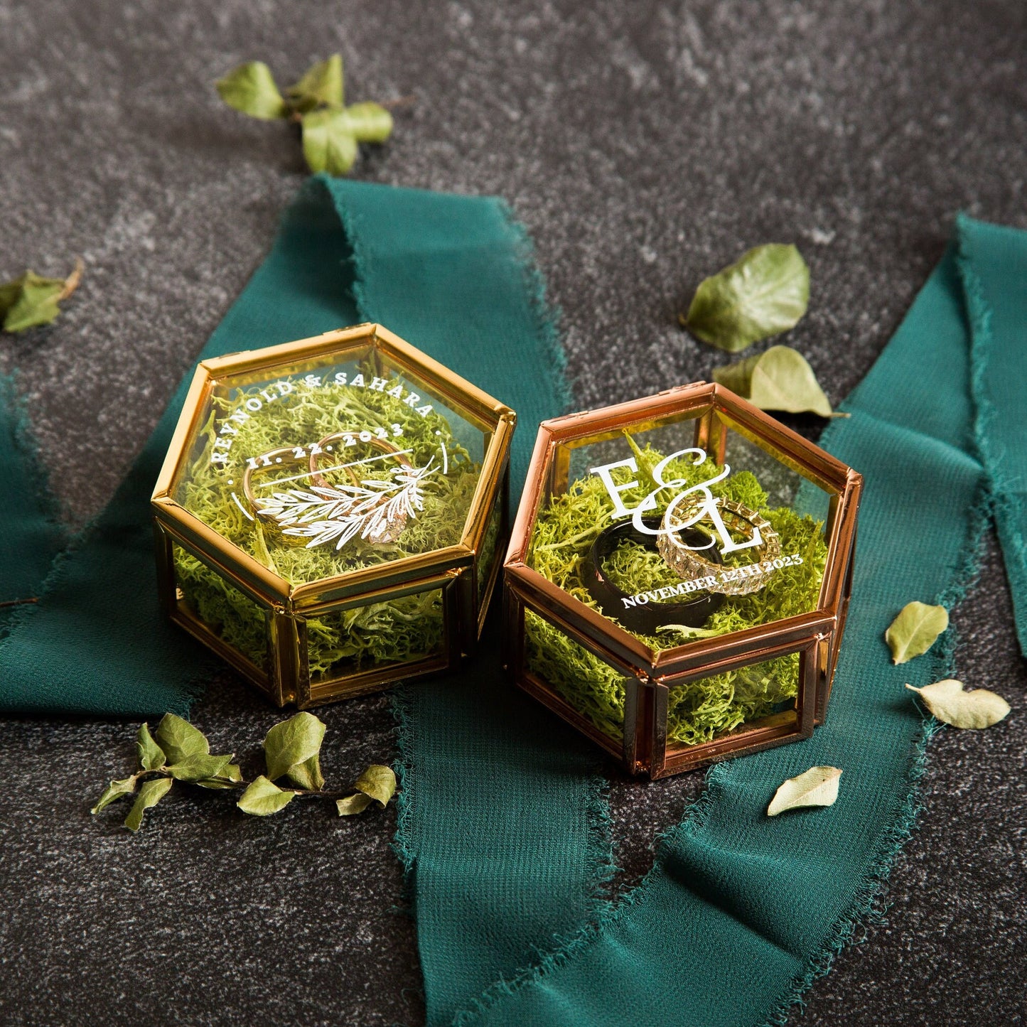 Hexagon Glass Ring Box with Moss - Personalized Ring Box for Wedding Ceremony Custom Modern Ring Holder for Proposal Engagement Gift for Her