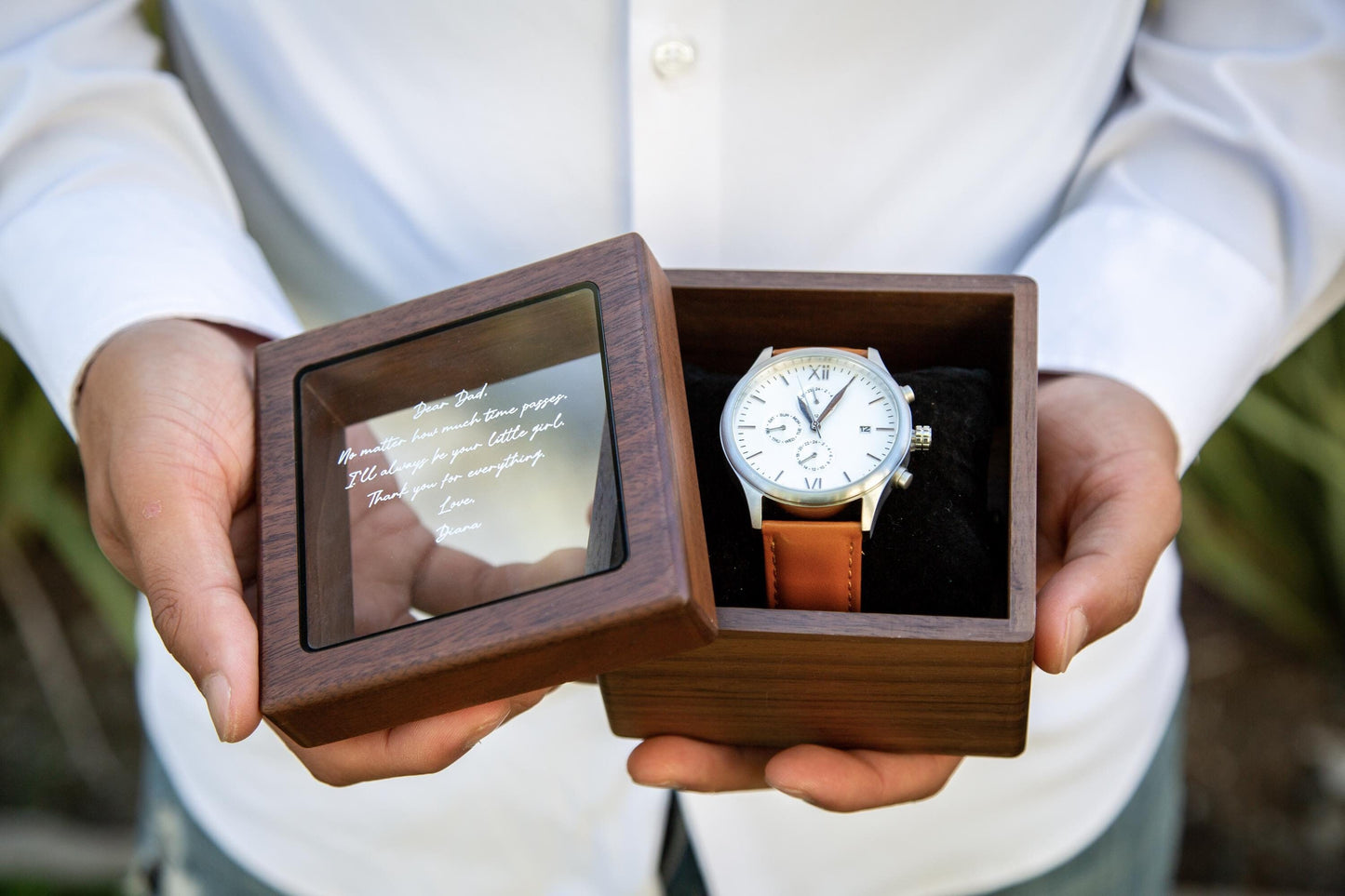 Metal Watch & Glass Top Walnut Gift Box - Mens 5th Anniversary Gift for Husband, Wedding Day Gift for Him Boyfriend Dad Son Brother Best Man