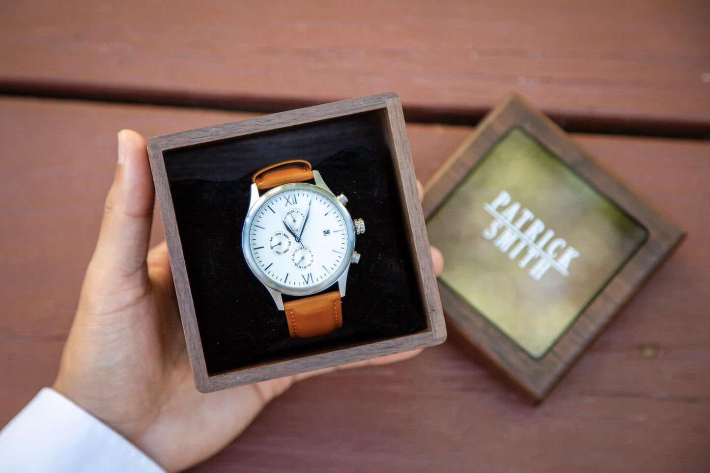 Metal Watch & Glass Top Walnut Gift Box - Mens 5th Anniversary Gift for Husband, Wedding Day Gift for Him Boyfriend Dad Son Brother Best Man