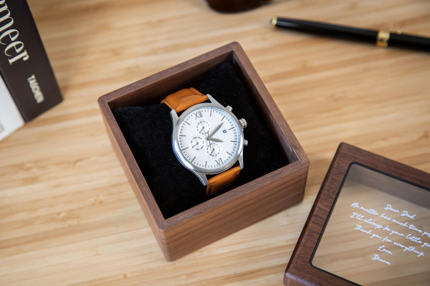 Metal Watch & Glass Top Walnut Gift Box - Mens 5th Anniversary Gift for Husband, Wedding Day Gift for Him Boyfriend Dad Son Brother Best Man