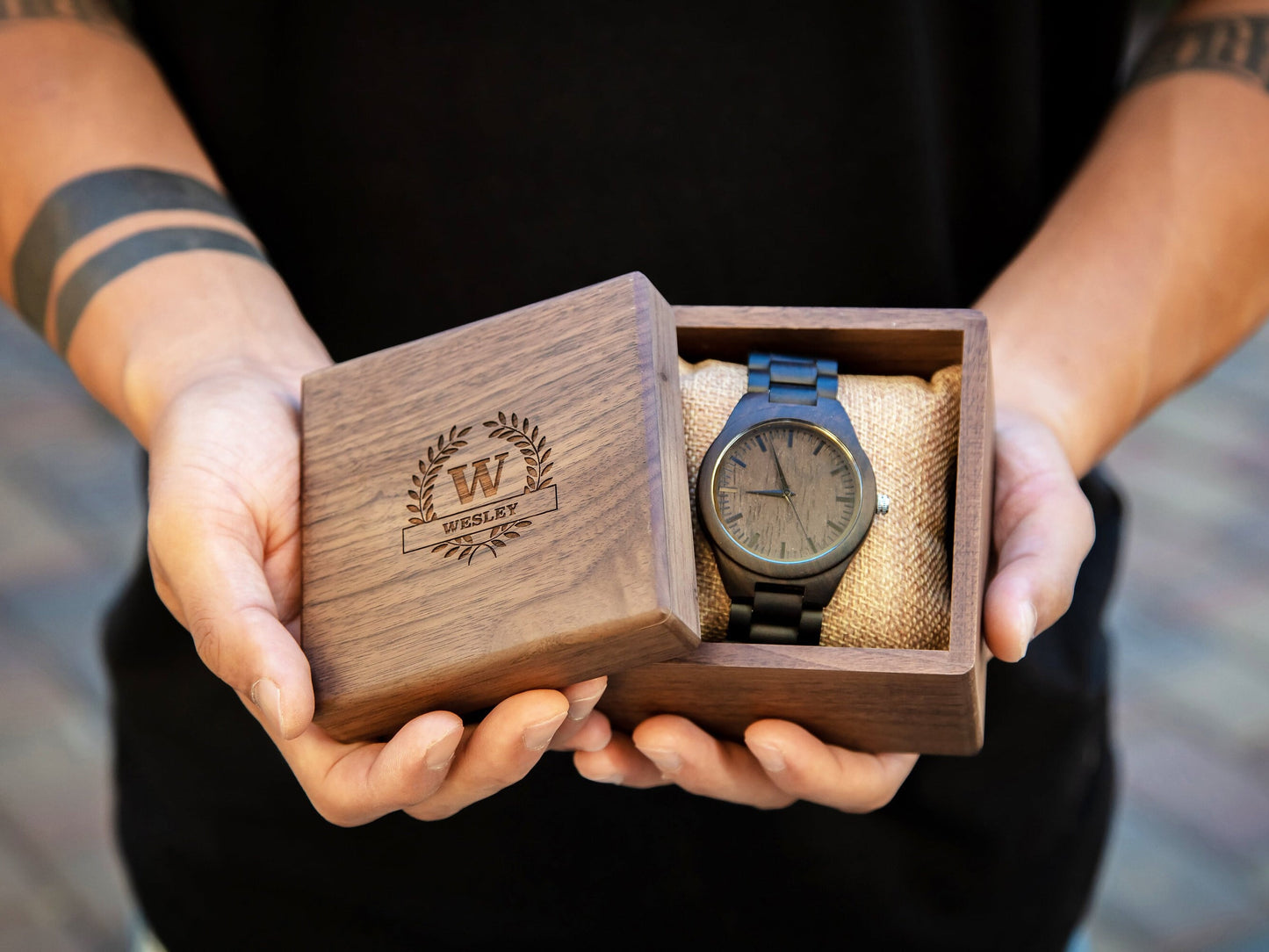 Engraved Wood Watch & Walnut Gift Box - Mens Watch, 5th Anniversary Gift Husband, Father of Bride Groom Dad Son Brother, Wedding Travel Gift