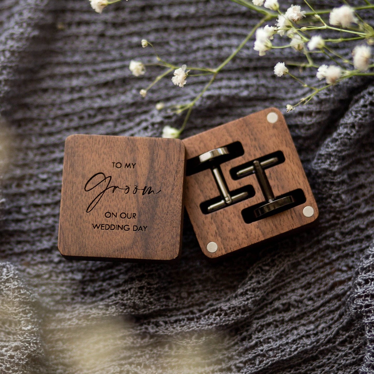 Metal Cufflinks - Engraved Box Optional, Custom Wedding Day Cuff links for Groom Dad Father of the Bride, Wood Anniversary Gift for Husband