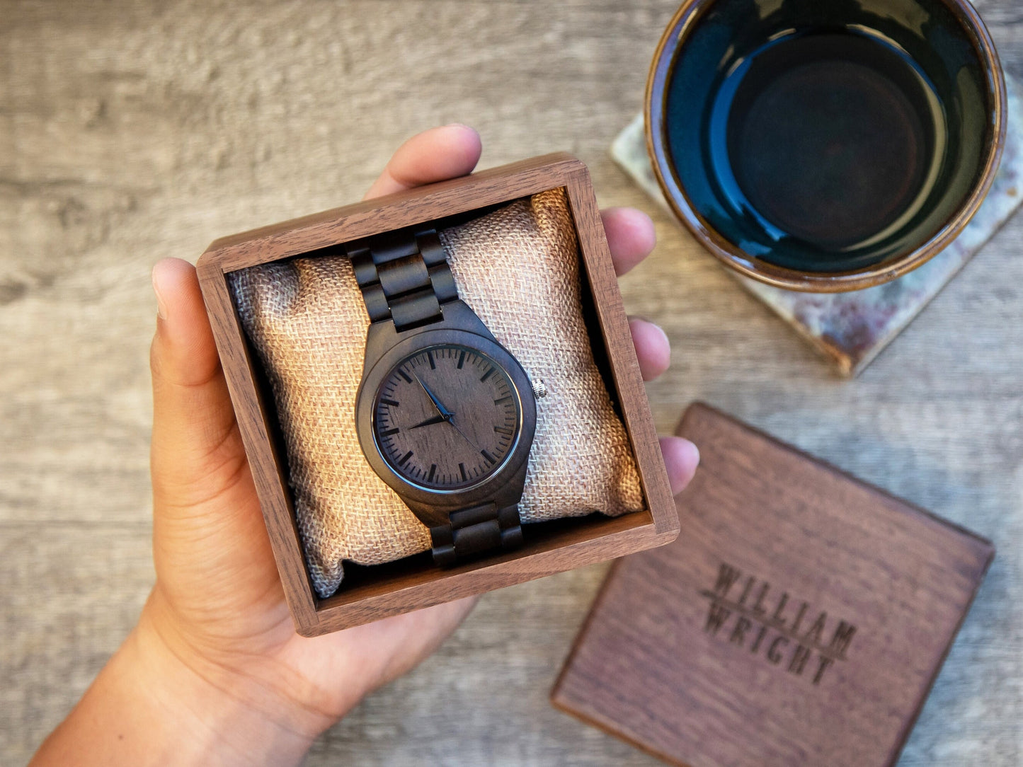 Engraved Wood Watch & Walnut Gift Box - Mens Watch, 5th Anniversary Gift Husband, Father of Bride Groom Dad Son Brother, Wedding Travel Gift