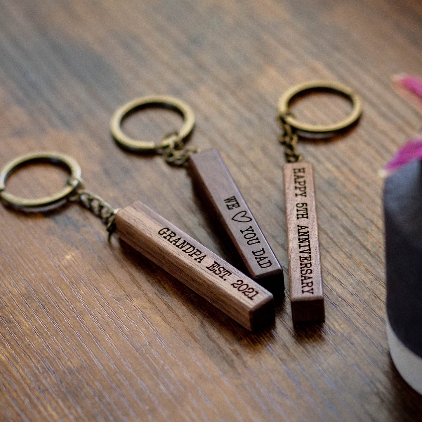 Wood Bar Key Chain - 4 Sided Engraved Keychain for New Home Car, Weekend Trips Gift for Mom Dad Grandpa Sister Custom Date Mens Keyring