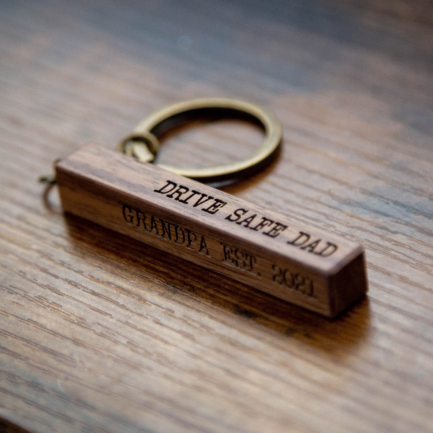 Wood Bar Key Chain - 4 Sided Engraved Keychain for New Home Car, Weekend Trips Gift for Mom Dad Grandpa Sister Custom Date Mens Keyring