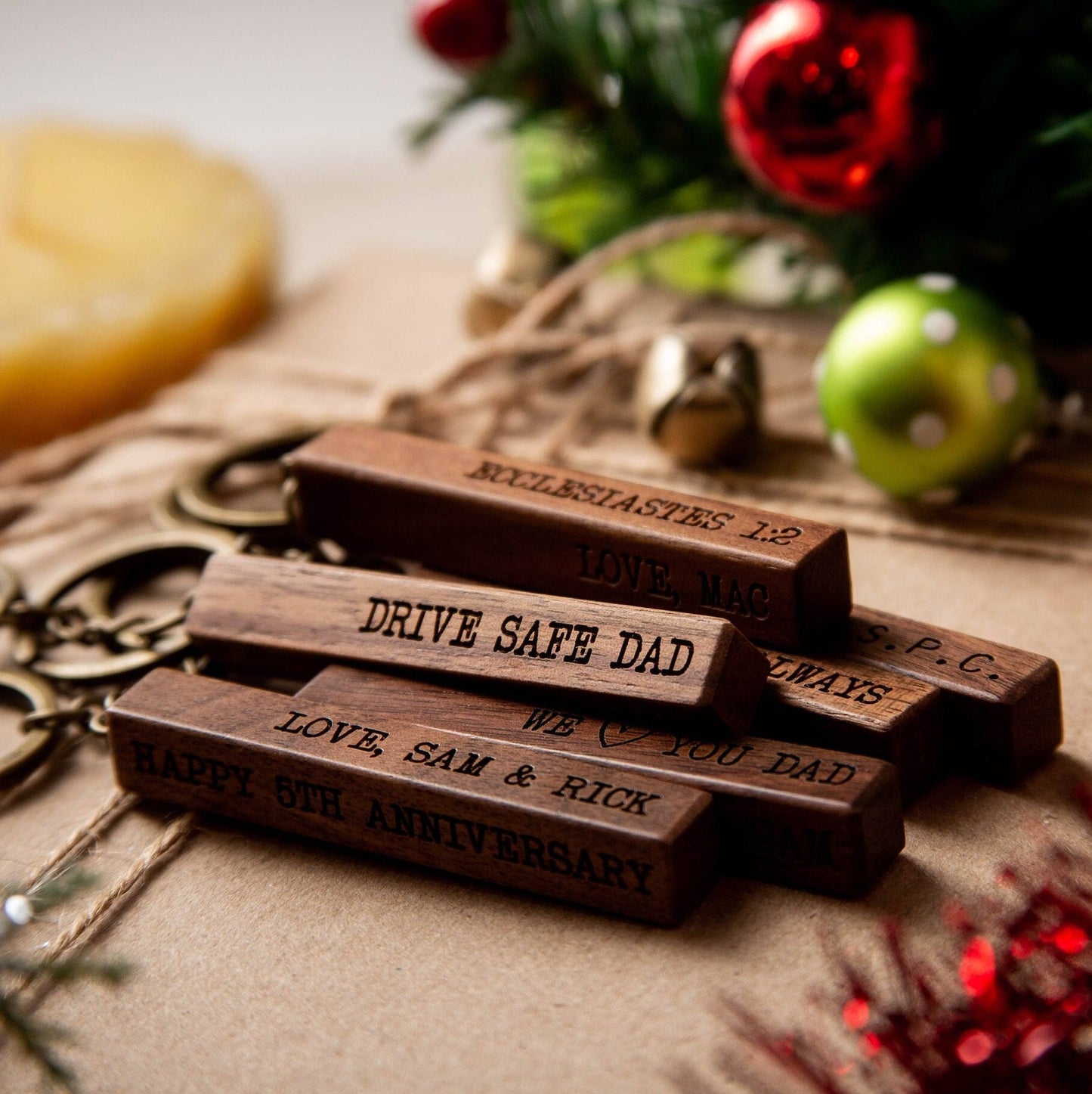 Wood Bar Key Chain - 4 Sided Engraved Keychain for New Home Car, Weekend Trips Gift for Mom Dad Grandpa Sister Custom Date Mens Keyring