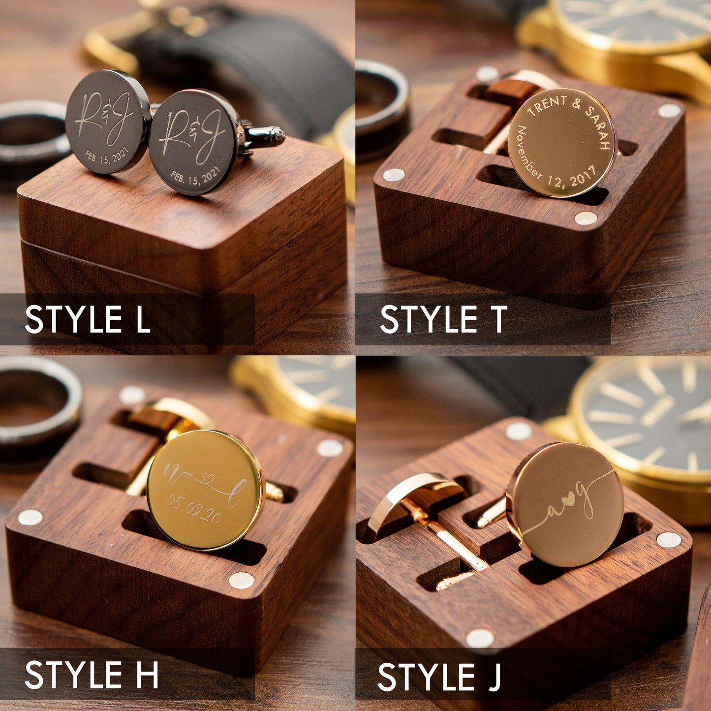 Metal Cufflinks - Engraved Box Optional, Custom Wedding Day Cuff links for Groom Dad Father of the Bride, Wood Anniversary Gift for Husband