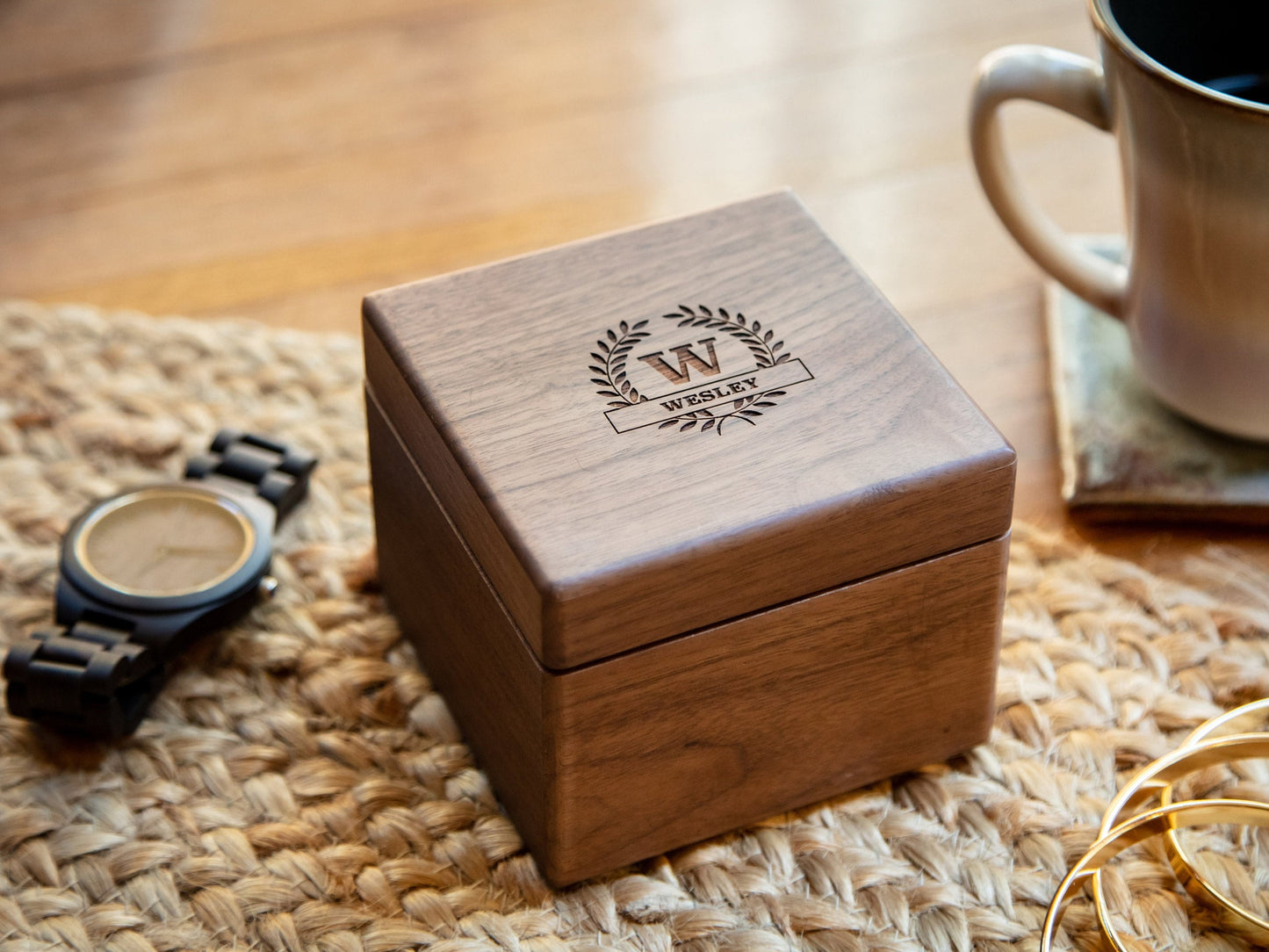Engraved Wood Watch & Walnut Gift Box - Mens Watch, 5th Anniversary Gift Husband, Father of Bride Groom Dad Son Brother, Wedding Travel Gift
