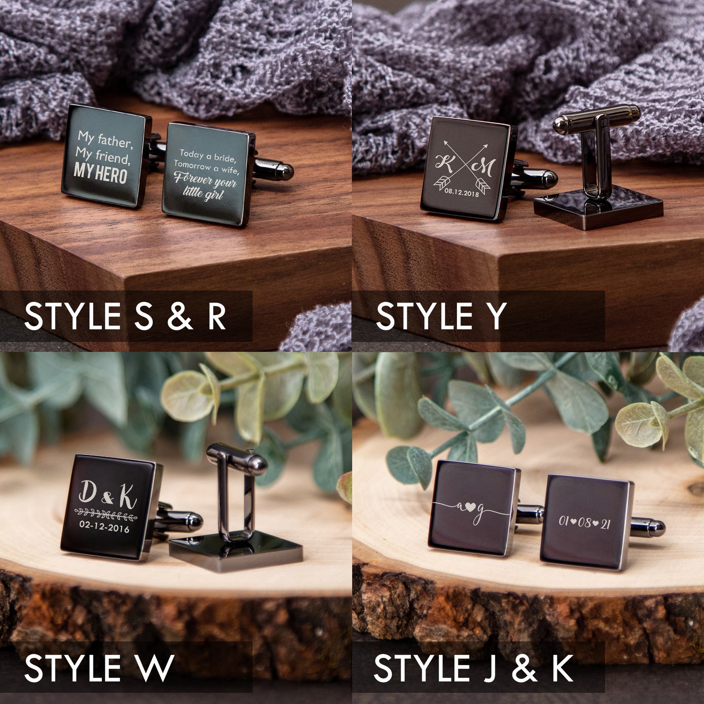 Metal Cufflinks - Engraved Box Optional, Custom Wedding Day Cuff links for Groom Dad Father of the Bride, Wood Anniversary Gift for Husband