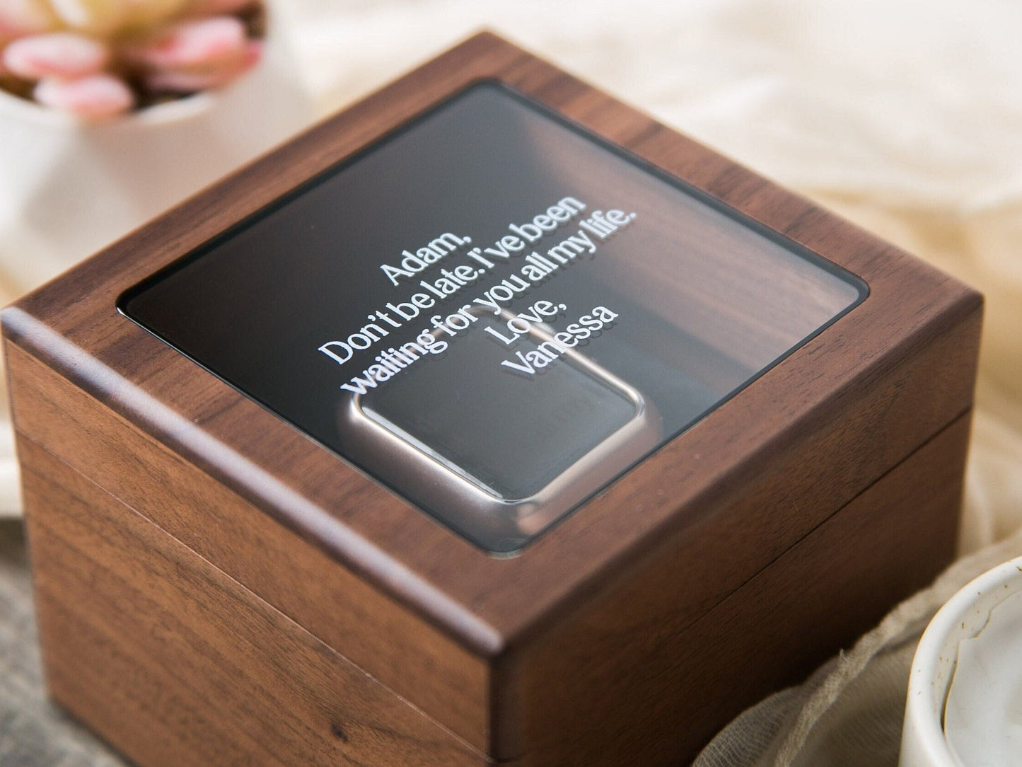 Watch Box w/ Glass Top & Pillow (Watch NOT Included) - Custom Walnut Wood Box, Wedding Day Gift Father of the Bride Groom Husband from Bride