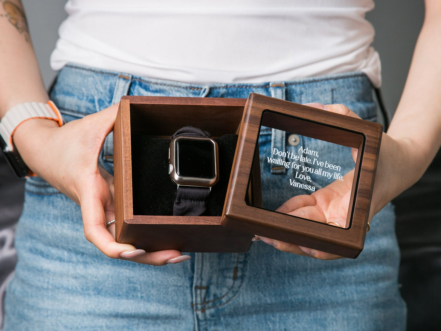 Watch Box w/ Glass Top & Pillow (Watch NOT Included) - Custom Walnut Wood Box, Wedding Day Gift Father of the Bride Groom Husband from Bride