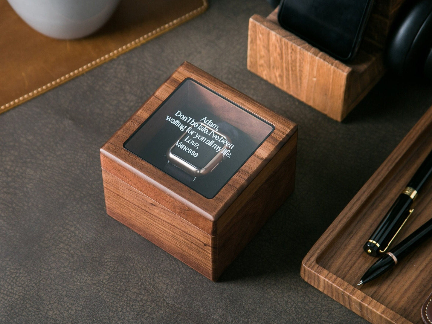 Watch Box w/ Glass Top & Pillow (Watch NOT Included) - Custom Walnut Wood Box, Wedding Day Gift Father of the Bride Groom Husband from Bride