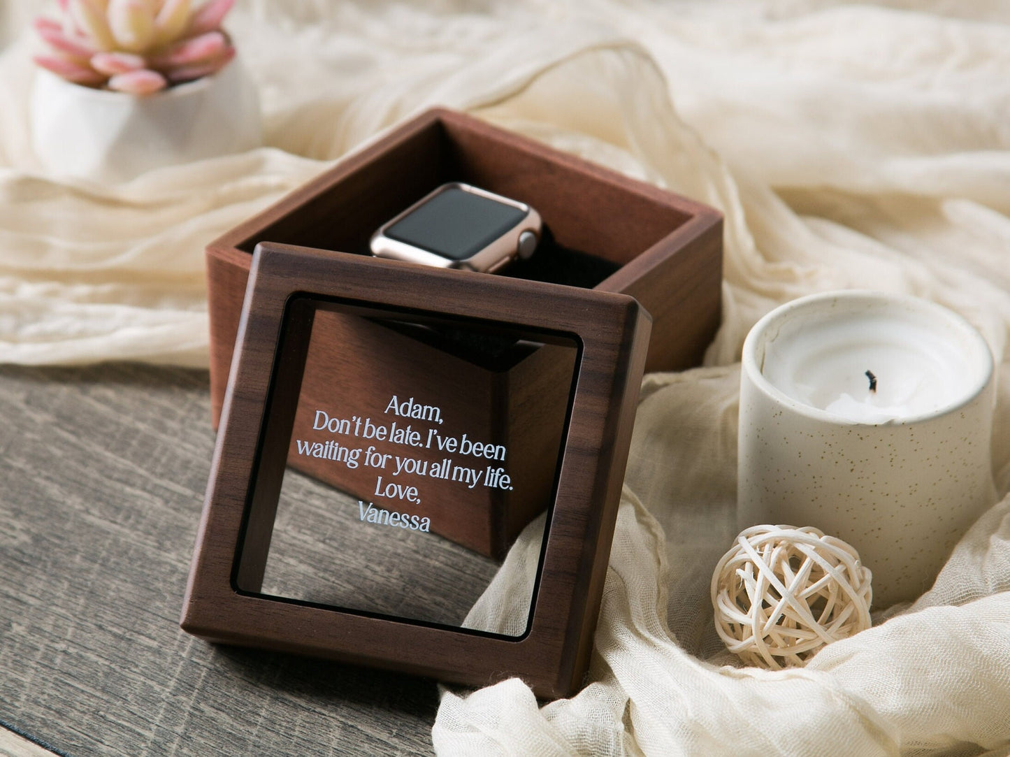 Watch Box w/ Glass Top & Pillow (Watch NOT Included) - Custom Walnut Wood Box, Wedding Day Gift Father of the Bride Groom Husband from Bride