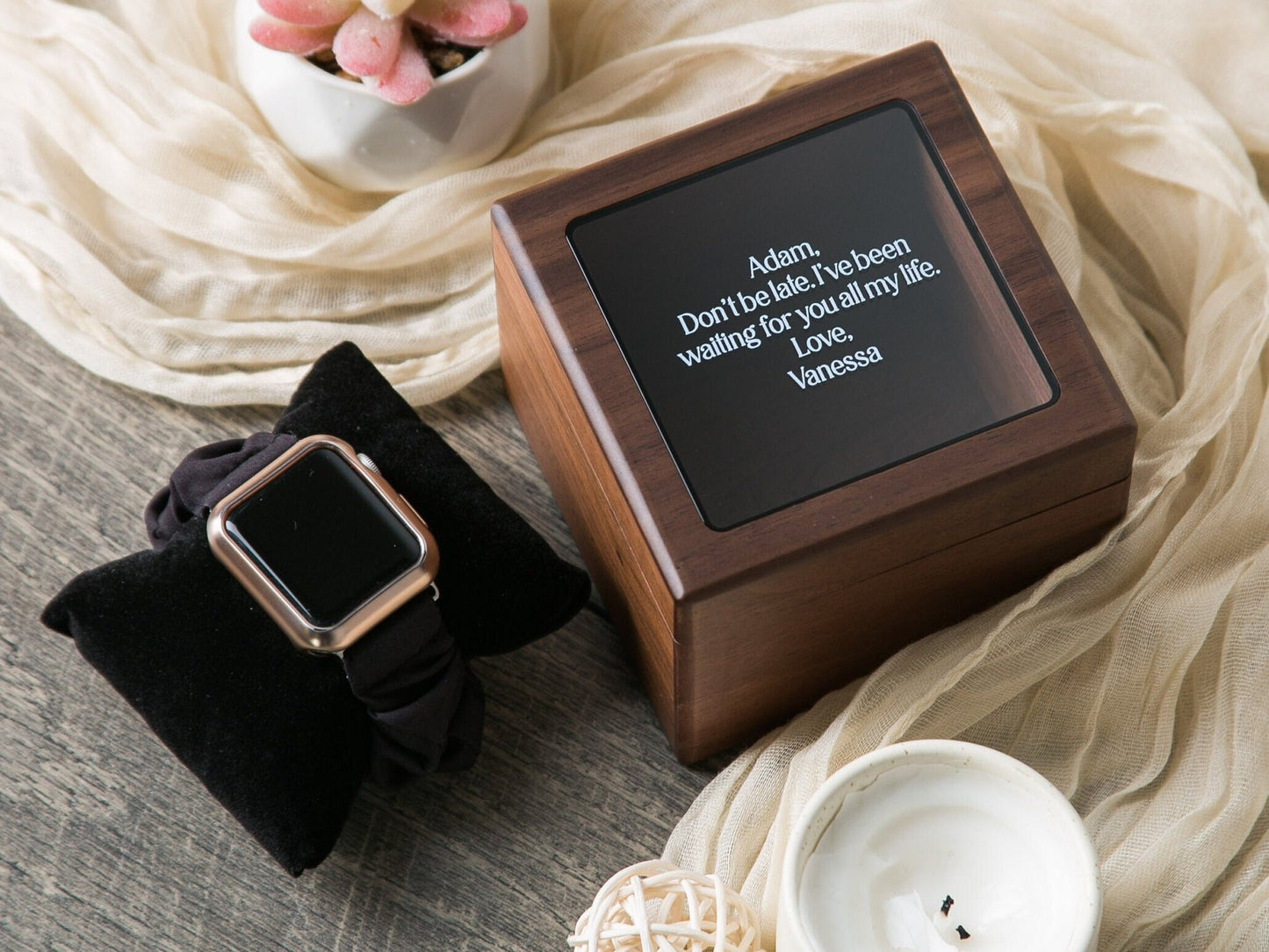 Watch Box w/ Glass Top & Pillow (Watch NOT Included) - Custom Walnut Wood Box, Wedding Day Gift Father of the Bride Groom Husband from Bride