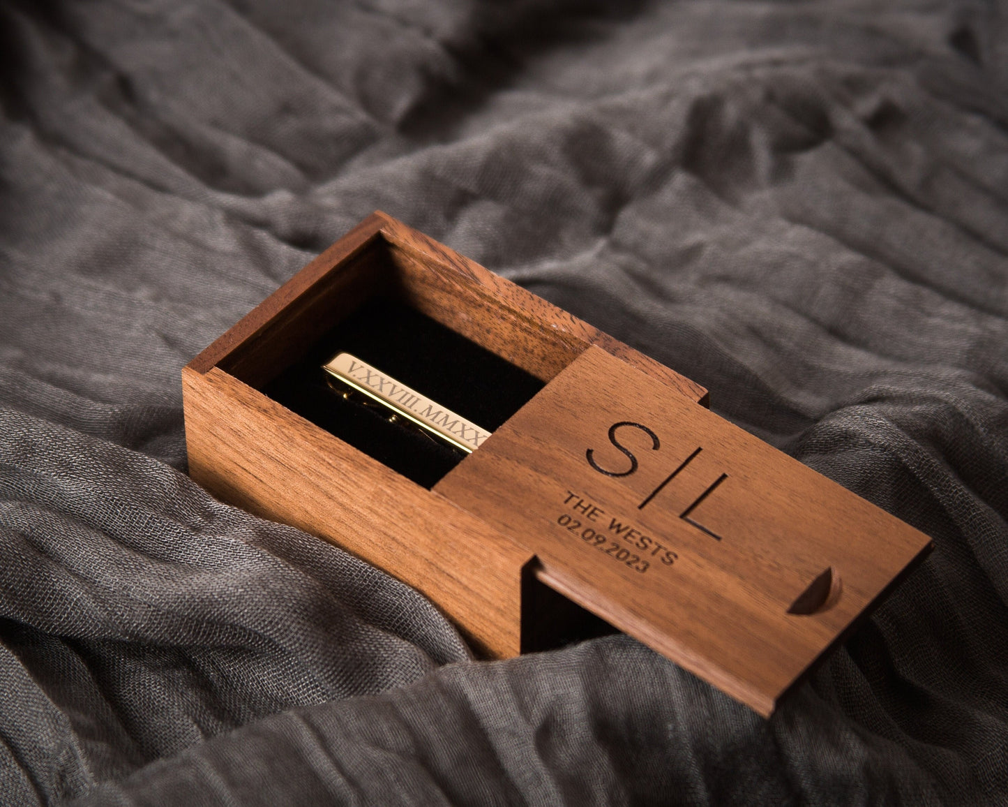 Tie Clip Bar with Tall Box Set- Custom Engraved Wooden Box, Wedding Anniversary Gift for Husband Father of the Bride Groom from Future Wife