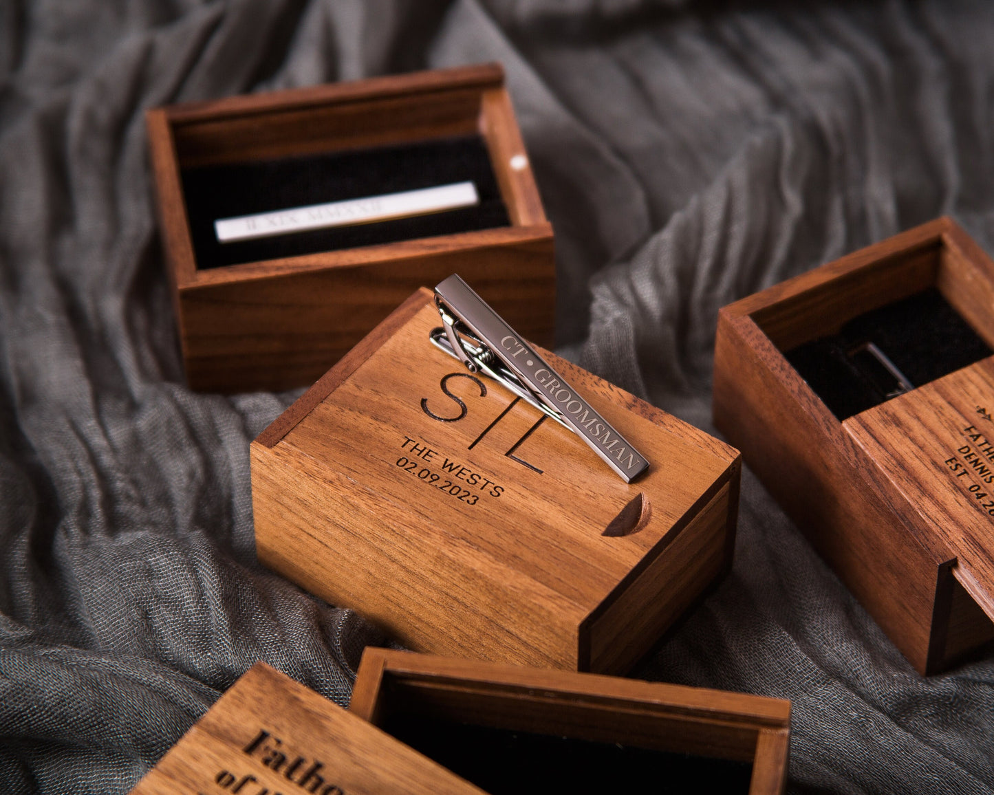 Tie Clip Bar with Tall Box Set- Custom Engraved Wooden Box, Wedding Anniversary Gift for Husband Father of the Bride Groom from Future Wife