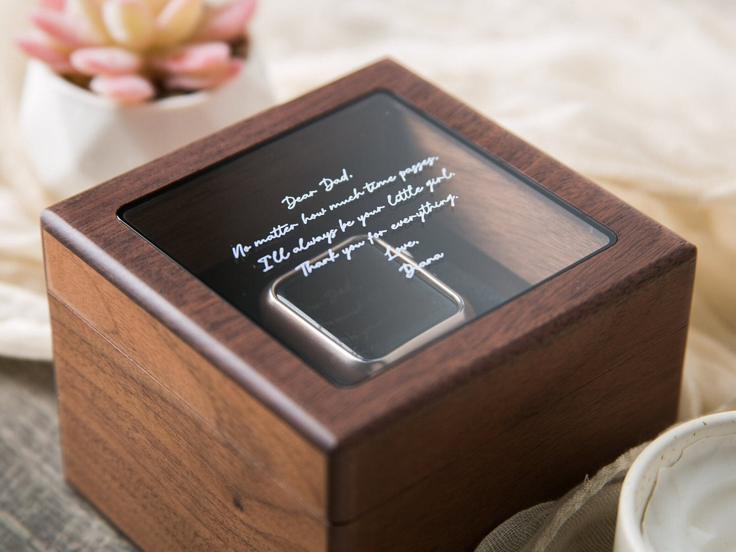 Watch Box w/ Glass Top & Pillow (Watch NOT Included) - Wood Anniversary, Wedding Honeymoon Gift Box Father of the Bride Groom Dad Bro