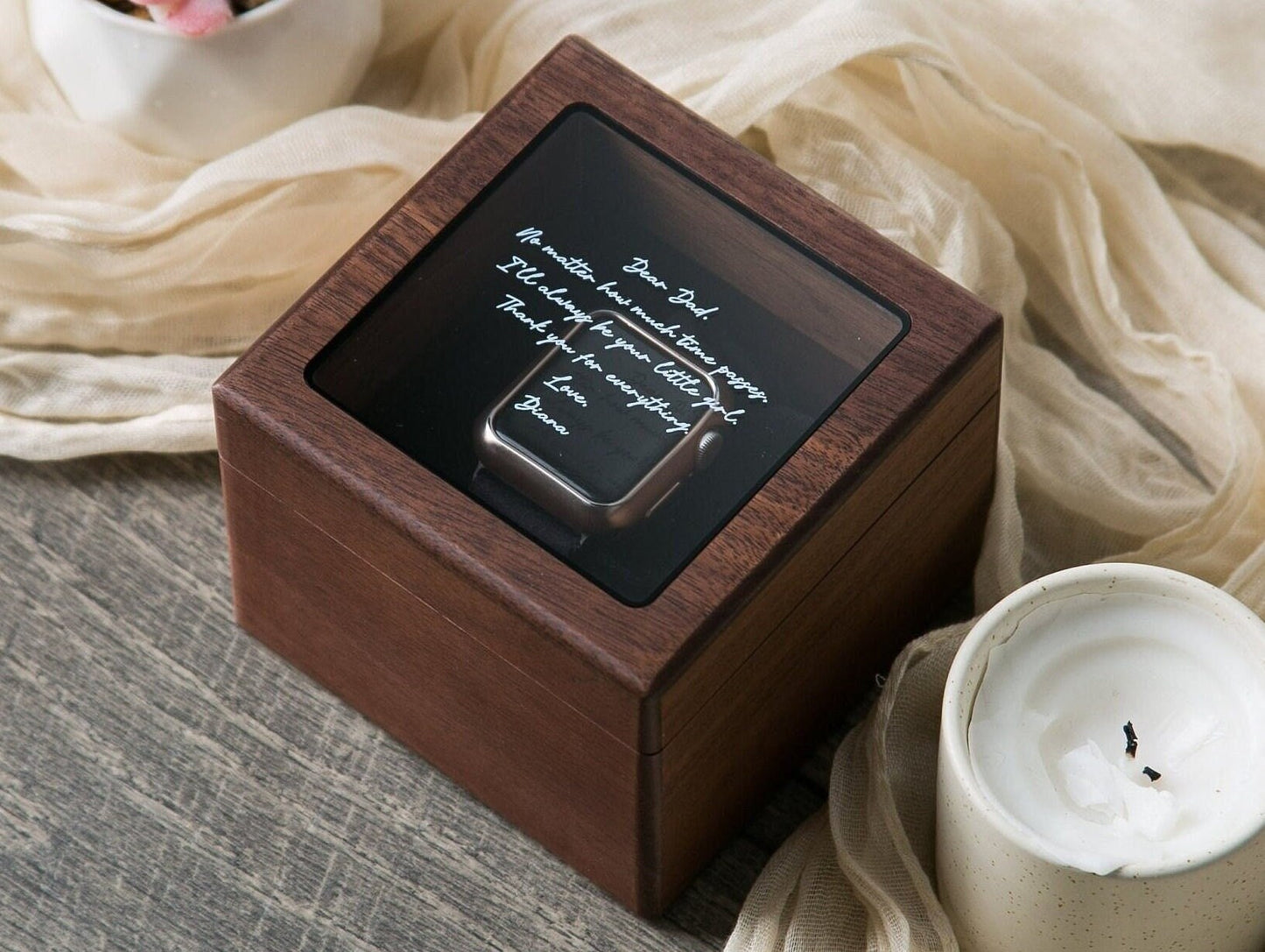 Watch Box w/ Glass Top & Pillow (Watch NOT Included) - Wood Anniversary, Wedding Honeymoon Gift Box Father of the Bride Groom Dad Bro