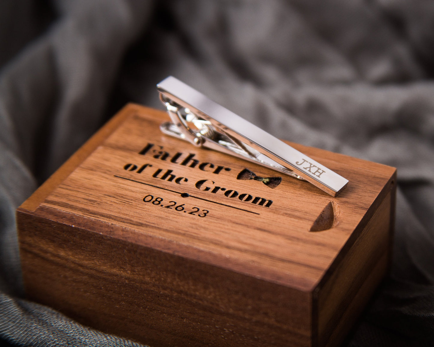 Tie Clip Bar with Tall Box Set- Custom Engraved Wooden Box, Wedding Anniversary Gift for Husband Father of the Bride Groom from Future Wife