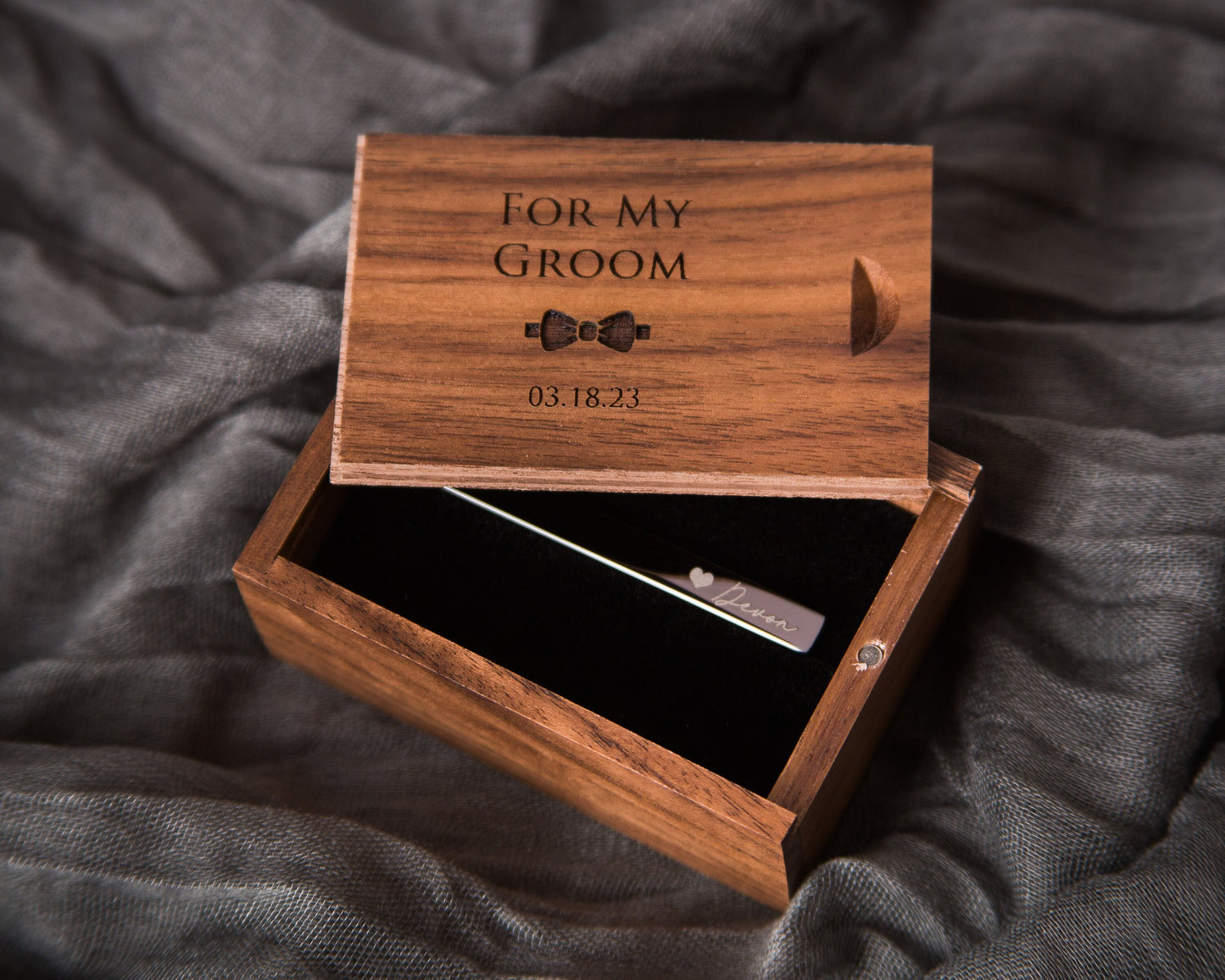 Tie Clip Bar with Tall Box Set- Custom Engraved Wooden Box, Wedding Anniversary Gift for Husband Father of the Bride Groom from Future Wife