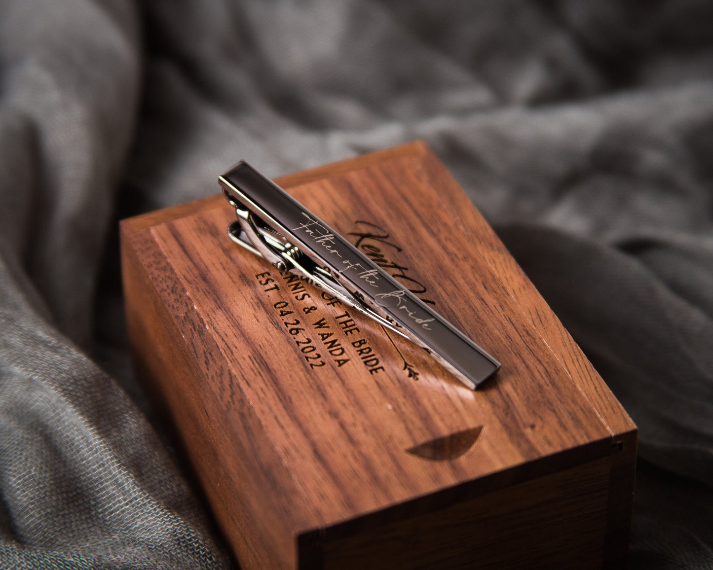 Tie Clip Bar with Tall Box Set- Custom Engraved Wooden Box, Wedding Anniversary Gift for Husband Father of the Bride Groom from Future Wife