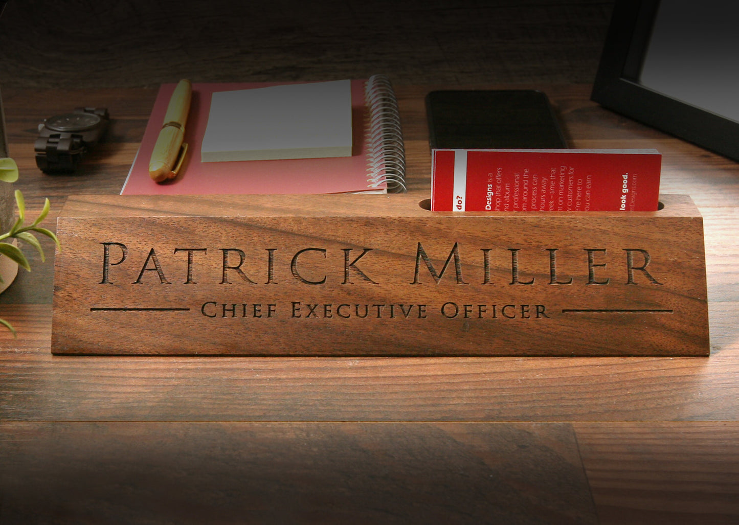 Wood Name Block with Business Card Holder - 10 inches Desk Sign, New Office School Marketing Manager Mentor Promotion Gift, Work Job Title