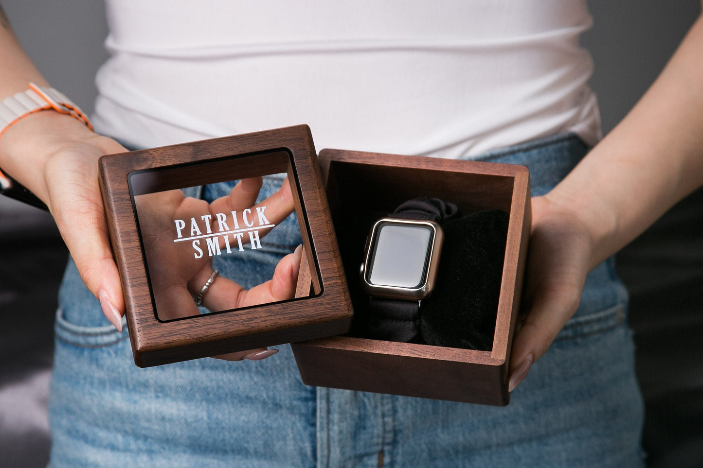 Watch Box w/ Glass Top & Pillow (Watch NOT Included) - Walnut Wood Apple Watch Accessory Gift Box for Father of the Bride Groom Dad Husband