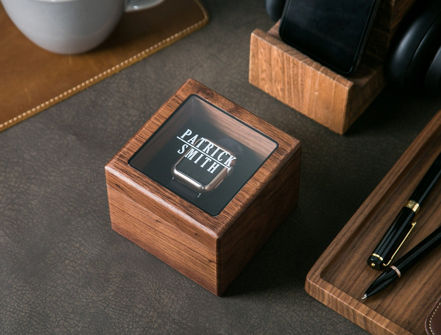 Watch Box w/ Glass Top & Pillow (Watch NOT Included) - Walnut Wood Apple Watch Accessory Gift Box for Father of the Bride Groom Dad Husband