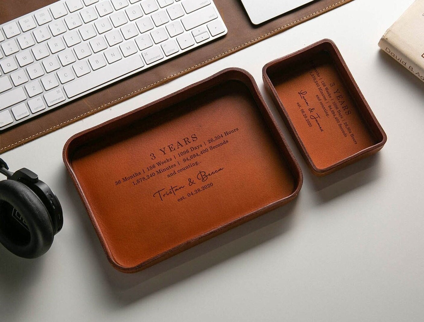 Vegetable Tanned Hard Leather Valet (Design 4) - Custom Engraved Tray, Personalized Honeymoon Gift, 3 Year Anniversary Boyfriend Husband