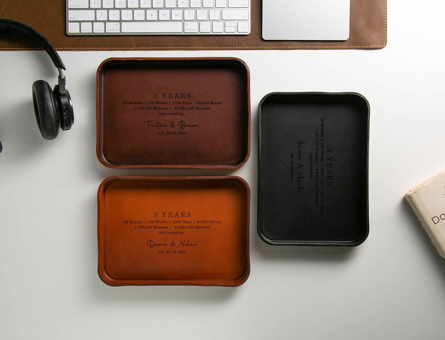 Vegetable Tanned Hard Leather Valet (Design 4) - Custom Engraved Tray, Personalized Honeymoon Gift, 3 Year Anniversary Boyfriend Husband