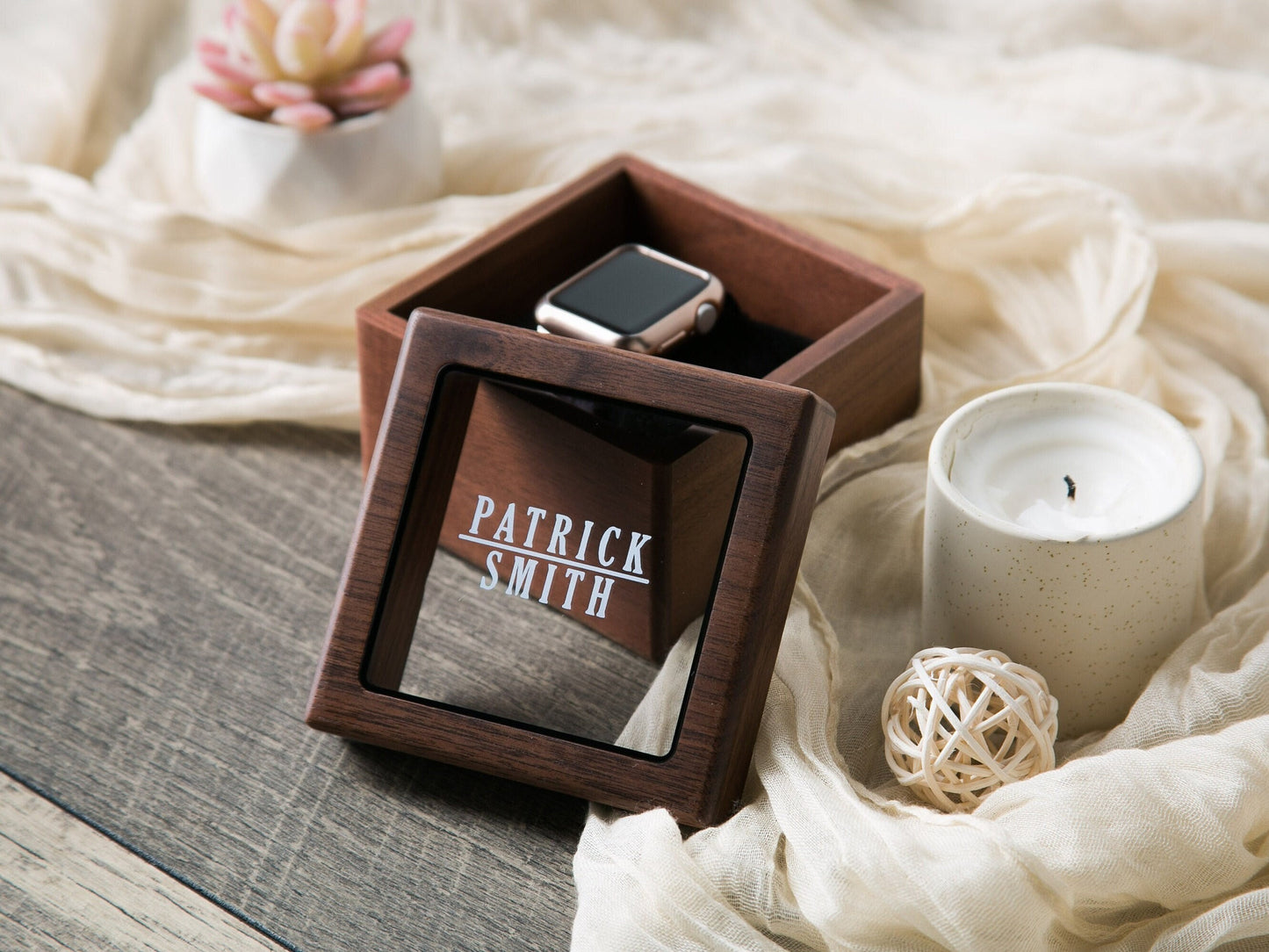 Watch Box w/ Glass Top & Pillow (Watch NOT Included) - Walnut Wood Apple Watch Accessory Gift Box for Father of the Bride Groom Dad Husband